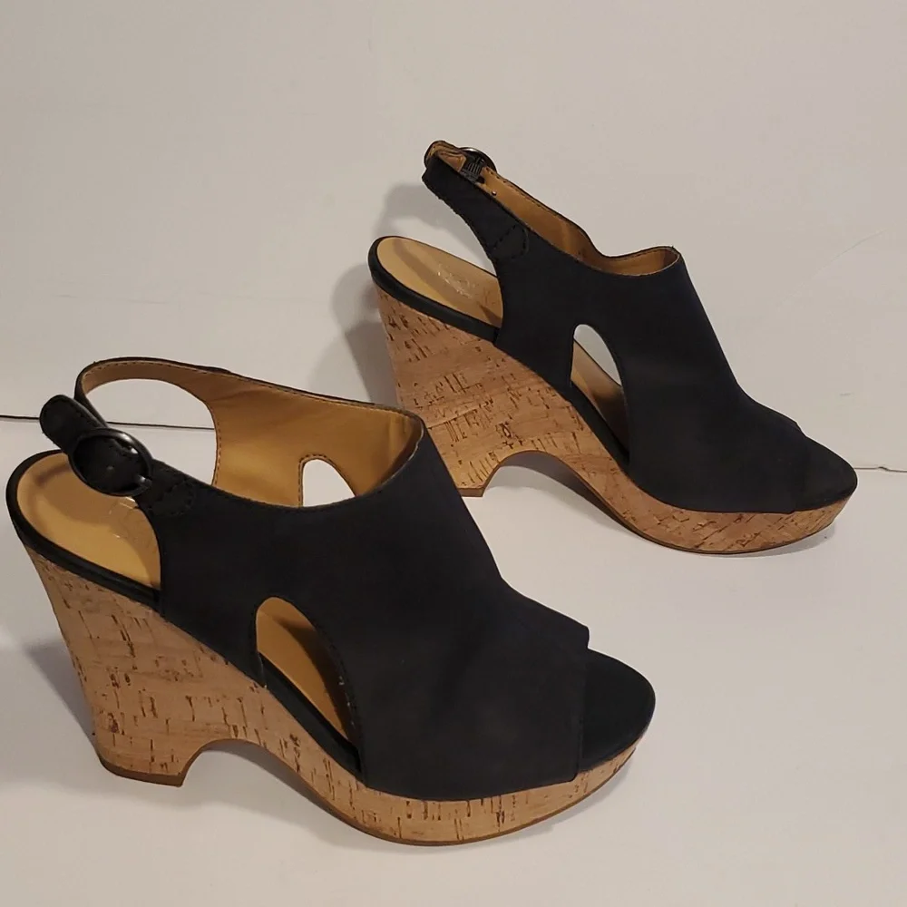Franco Sarto Gabriel Black Leather Cork Wedge Sandals Size 8.5M